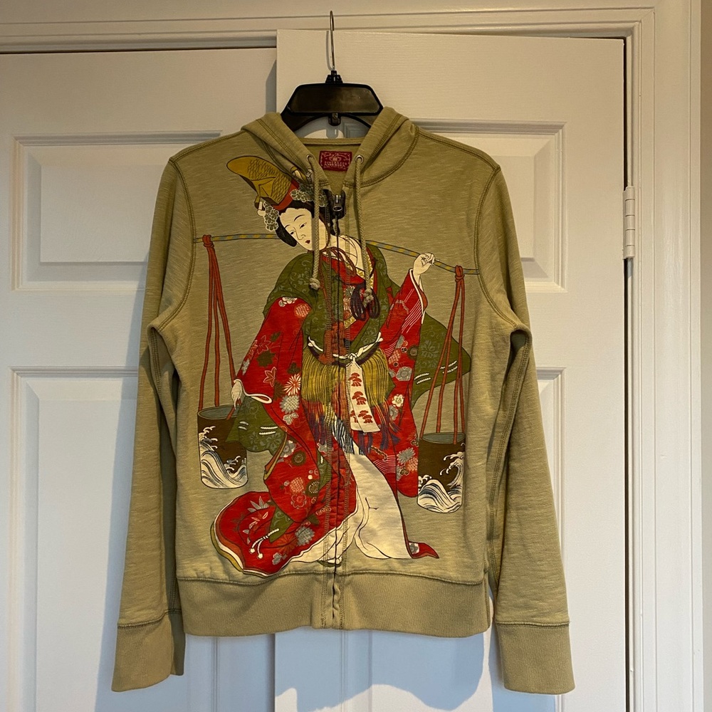 Lucky Brand size M/L beige zip up hoodie w/Asian print